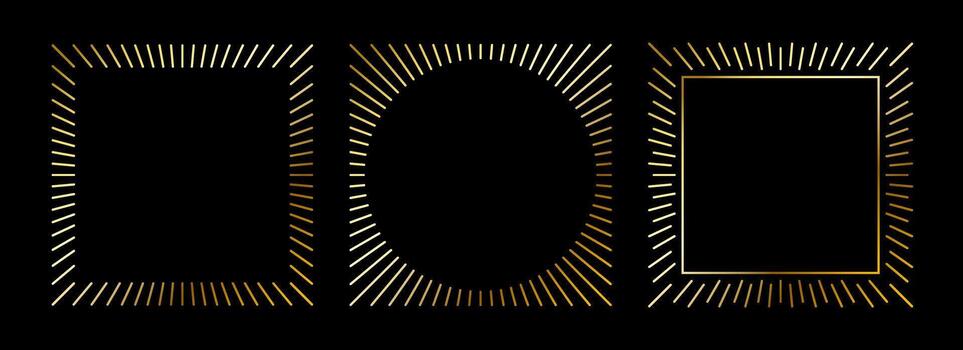 Golden thin frames set. Gold square borders in art deco style. Thin linear radiance rectangular element collection. Luxury glowing shiny boarder pack. Bundle for photo, cadre, poster, card vector