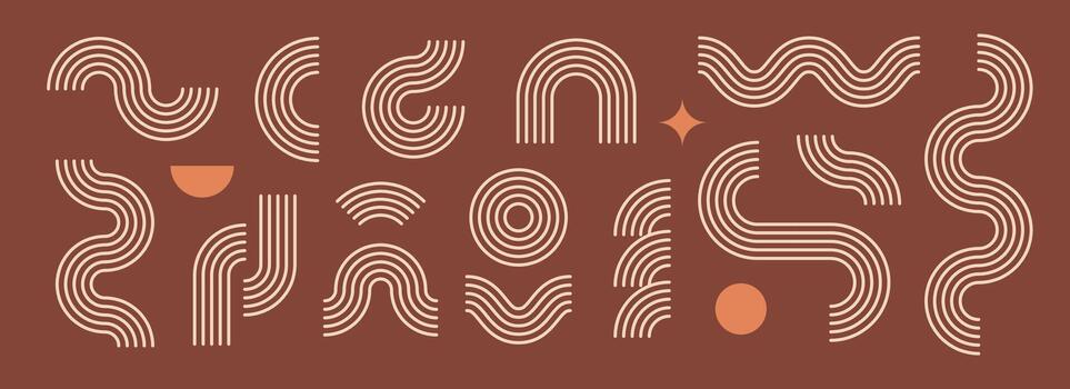 Boho line element collection. Brown wave, zigzag and arch form design. Mid century geo curve and arc set. Different decorative ornamental shape bundle for badge, icon, poster, banner, template. vector