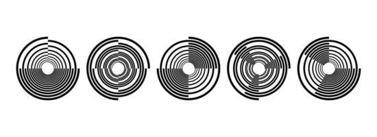 Black radial spiral pattern set. Circular rotating speed line form collection. Spinning circle sound wave bundle. Abstract music waveform element pack for icon, badge, logo, tag, label. vector