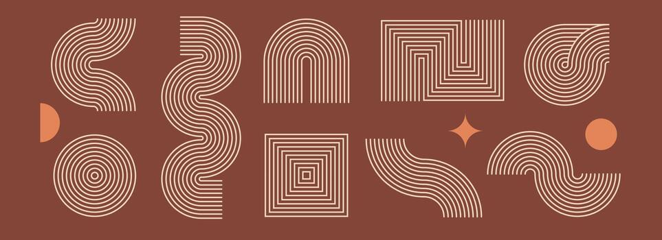 Boho linear element set. Brown beige wave and arch form design. Middle century curves and arcs collection. Bohemian decorative ornamental shape bundle for badge, icon, poster, banner, template. vector