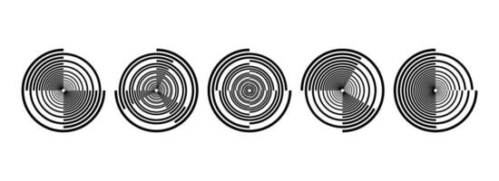 Black radial spiral pattern set. Circular rotating speed line form collection. Spinning circle sound wave concept. Abstract music waveform element pack for icon, badge, logo, tag, label. vector