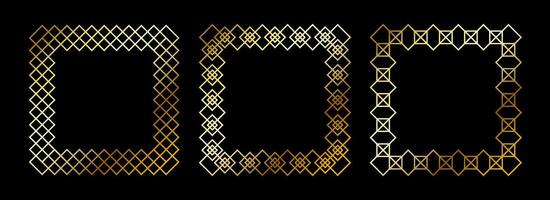 Gold thin frame set. Golden square borders in art deco style. Thin linear radiance rectangle element collection. Luxury shiny glowing boarder pack. Bundle for photo, cadre, poster, card, banner vector