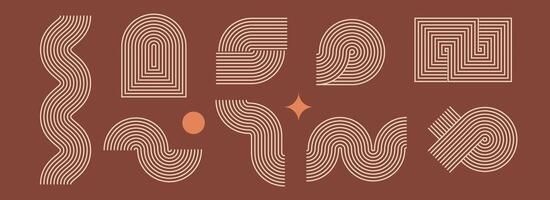 Boho line element set. Brown wave, zigzag and arch form design. Middle century curves and arcs collection. Bohemian decorative ornamental shape bundle for badge, icon, poster, banner, template vector