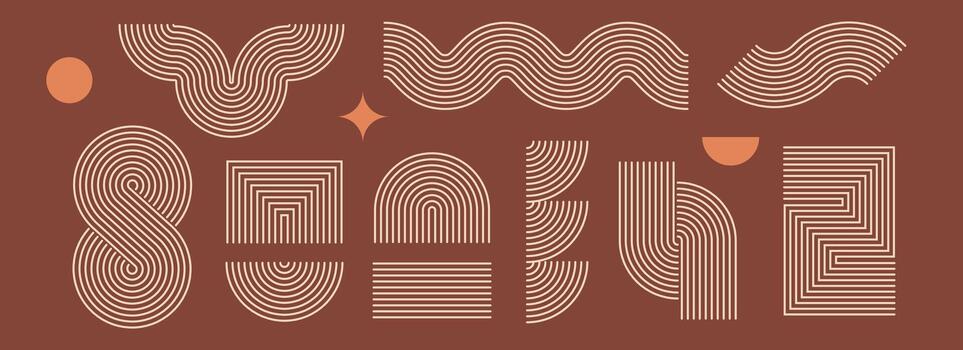 Boho line element set. Brown wave, zigzag and arch form design. Mid century curves and arcs collection. Bohemian decorative ornamental shape bundle for badge, icon, poster, banner, template. vector