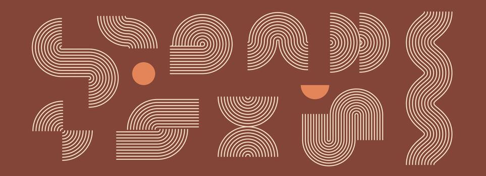 Boho linear element collection. Brown beige wave and arch forms design. Mid century curves and arcs set. Bohemian decorative ornamental shape bundle for badge, icon, poster, banner, template. vector