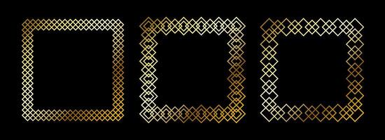 Gold thin frames set. Golden square borders in art deco style. Thin linear radiance rectangular element collection. Luxury shiny glowing boarder pack. Bundle for photo, cadre, poster, card vector