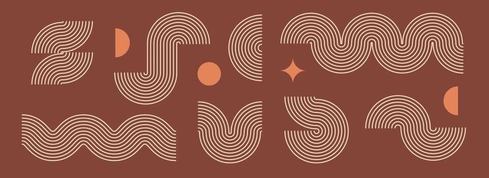 Boho linear element collection. Brown wave and arc forms design. Mid century curves and arches set. Bohemian decorative ornamental shape bundle for badge, icon, poster, banner, template. vector