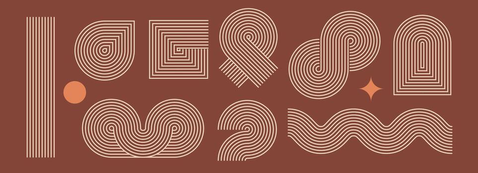 Boho line element set. Brown wave and arch form design. Middle century curves and arcs collection. Bohemian decorative ornamental shape bundle for badge, icon, poster, banner, template vector