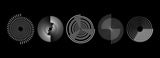 White radial spiral pattern set. Circular spinning speed line form collection. Rotating circle sound wave concept. Abstract sunburst ray or beam element pack for icon, badge, logo, tag, label. vector