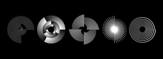 White radial spiral patterns set. Circular spinning speed line forms collection. Rotating circle sound waves concept. Abstract sunburst ray or beam elements for icon, badge, logo, tag, label. vector