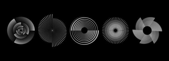 Radial spiral pattern set. Circular spinning speed lines form collection. Rotating circle sound wave concepts. Abstract sunburst ray and beam design element for icon, badge, logo, tag, label. vector