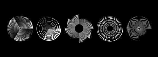 Radial abstract spiral pattern set. Rotating circle sound wave concepts. Circular speed line form collection. Sunburst ray and beam design element for icon, badge, logo, tag, label, emblem. vector