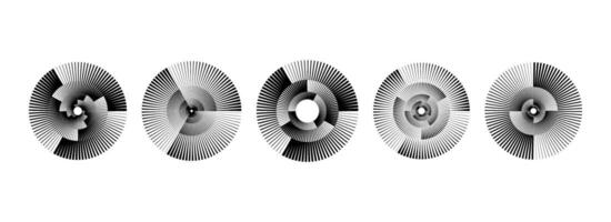 Black radial spiral pattern set. Circular rotating speed line form collection. Spinning circle sound wave bundle. Abstract music waveform element pack for icon, badge, logo, tag, label, record. vector