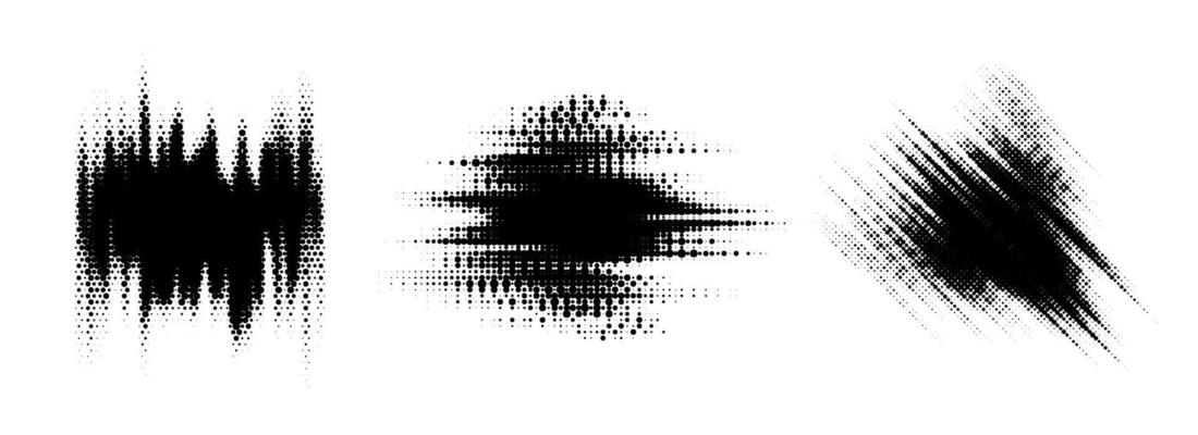 Glitch halftone line element set. Dotted texture diagonal form collection. Grunge jagged comic pop art shapes for banner, poster, collage, overlay, label, box, blot. Distressed blob bundle
