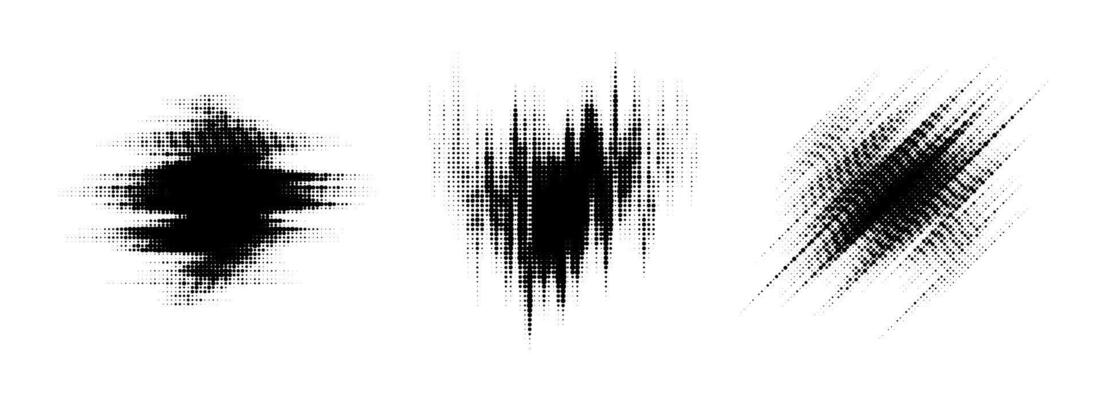 Glitch halftone line element set. Dot texture geometric form collection. Grunge blurry abstract comic pop art shapes for banner, poster, collage, overlay, label, tag. Distressed distorted pack