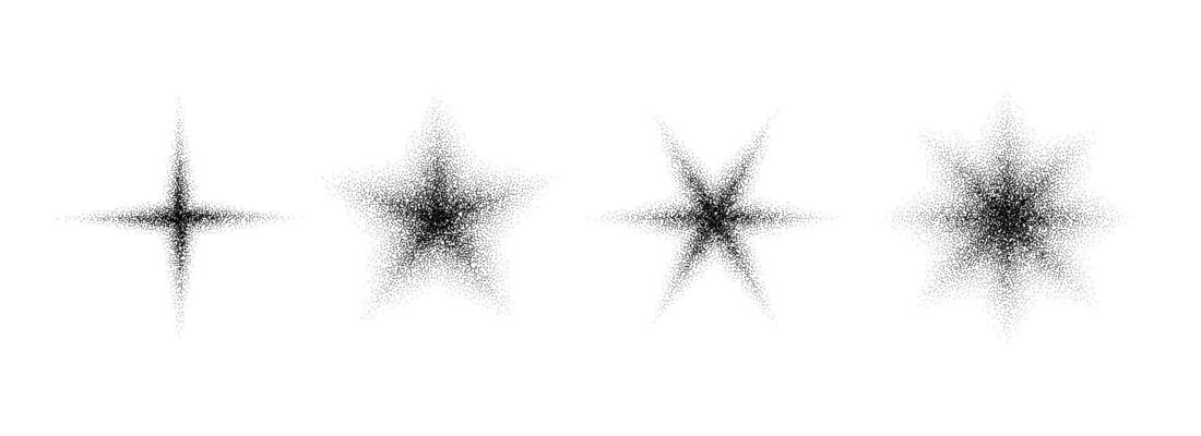 Stippled grain star set. Black noise texture asterisk collection. Halftone glitter sparkles, sparks, twinkles pack for design template, poster, banner, brochure, leaflet. Black dotted flares.