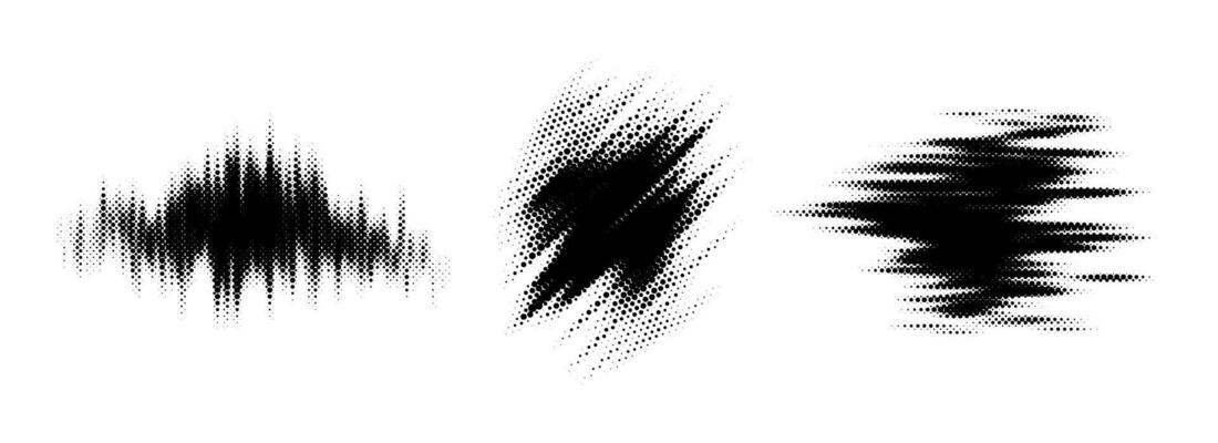 Glitch halftone line element set. Dotted texture geometric form collection. Grunge abstract comic pop art shapes for banner, poster, collage, overlay, label, box. Distressed distorted bundle