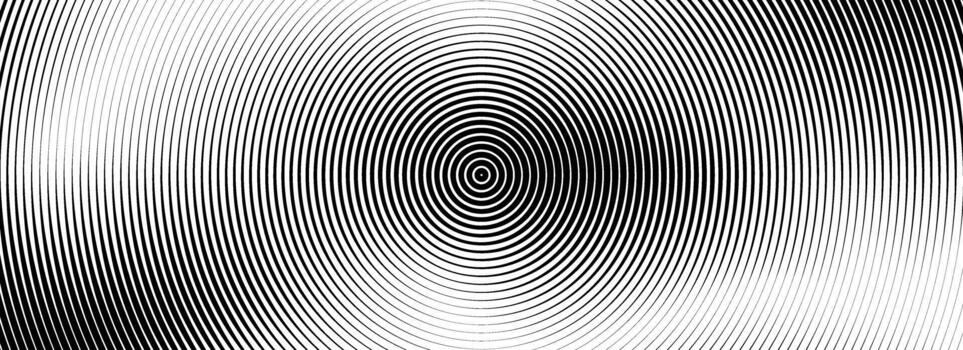 Black concentric circle texture. Radial geometric pattern background. Linear epicenter, radar, target concept. Round rippled halftone ring wallpaper for brochure, template, poster, overlay. vector