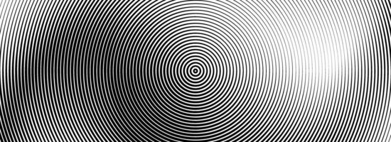 Black concentric circle background. Radial geometric pattern texture. Line epicenter, radar or target concept. Round rippled ring wallpaper for brochure, template, poster, overlay vector