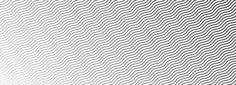 negro y blanco curvo raya textura fondo de pantalla. ondulado línea degradado modelo. desvanecimiento ola trama de semitonos gradación. Delgado a grueso zig zag Huelga antecedentes para cubrir, imprimir, cubrir, gráfico diseño. vector