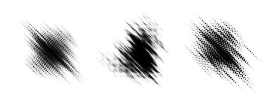 Glitch halftone line element set. Dotted texture diagonal form collection. Grunge jagged comic pop art shapes for banner, poster, collage, overlay, label, box, blot. Distressed bundle vector