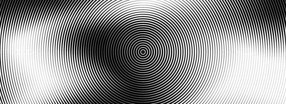 Black concentric circle texture. Radial geometric pattern background. Linear epicenter, target, radar concept. Round ripple halftone ring wallpaper for brochure, template, poster, overlay. vector