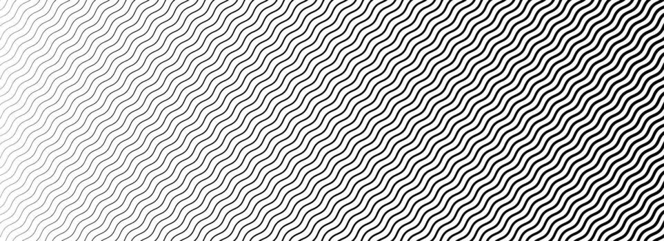 Wavy line geometric gradient pattern. Fading wave halftone gradation. Black and white curved stripe texture wallpaper. Thin to thick strike background for overlay, print, cover, graphic design. vector