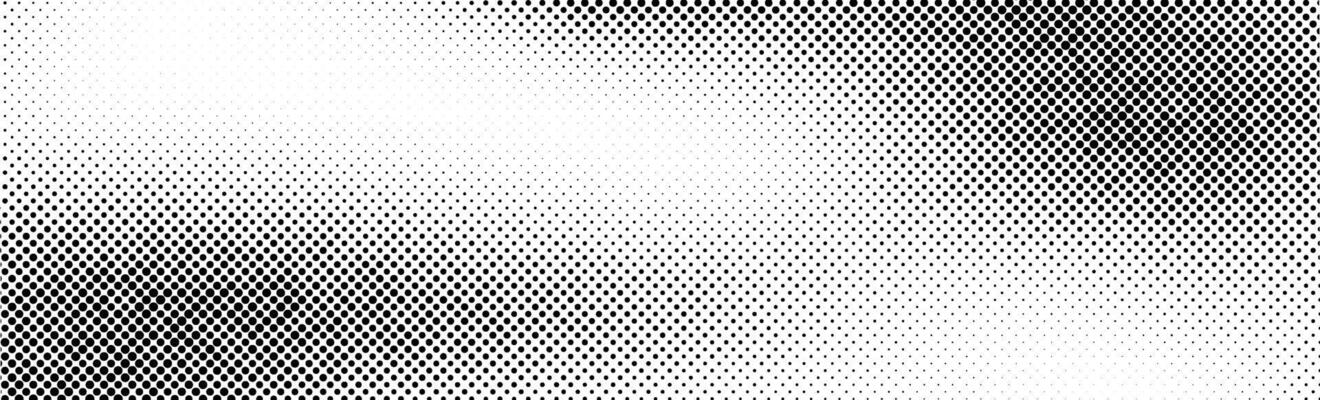 Grunge halftone background. Faded grit noise gradient texture. Black and white sand wallpaper. Wide long retro pixelated backdrop. Anime or manga comic style overlay. Halftone gritty frame.