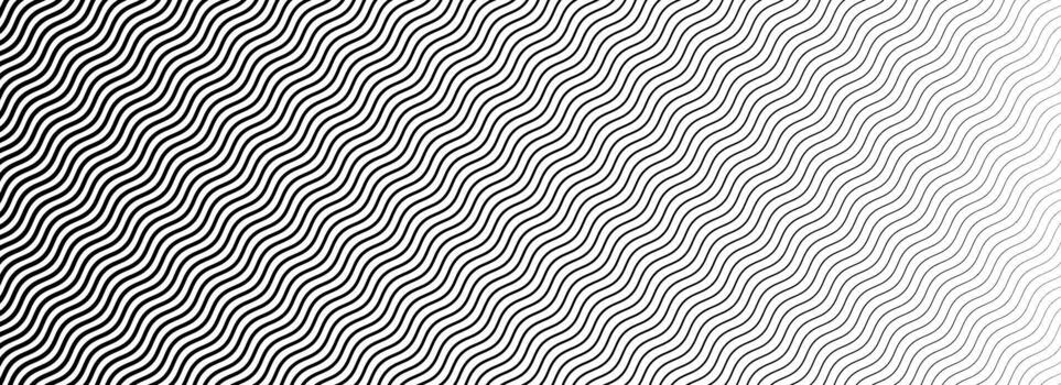 ondulado línea degradado modelo. negro y blanco desvanecimiento ola trama de semitonos gradación. curvo raya textura fondo de pantalla. Delgado a grueso zig zag Huelga antecedentes para cubrir, imprimir, cubrir, gráfico diseño vector