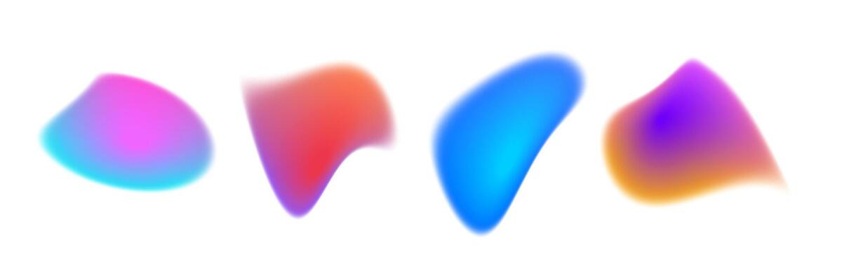 Bright colorful gradient blob set. Liquid blur gradation background collection. Iridescent blurry irregular shape pack for poster, banner, leaflet, brochure. Neon fading uneven fluid bundle