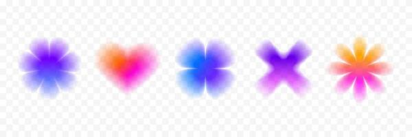Colorful smooth blurred gradient flower set. Bright blurry aura shape collection. Fading abstract elements for poster, template, badge, sticker, collage. Iridescent flowers and heart pack vector