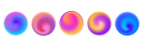 Bright colorful swirl gradient set. Round blur vortex background collection. Iridescent radial blurry shape pack for poster, banner, leaflet, brochure. Neon fading circular aura element bundle vector