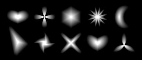 Black smooth blurred gradient form set. Grunge blurry geometric shape collection. Fading abstract elements for poster, template, badge, sticker, collage. Flowers, stars, heart pack vector