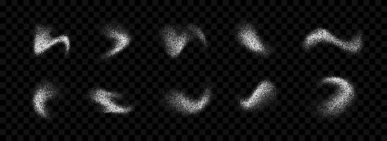 White powder splashes collection. Grunge grain spray texture set. Dotted curved smudged brush stains bundle. Sand noise splattered overlay pack. Abstract stippled fluid grain gradient shapes. vector