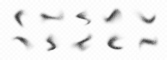 Black powder splashes collection. Grunge grain spray texture set. Dotted curved smudged brush stains pack. Sand noise splattered overlay bundle. Abstract stipple fluid grain gradient shapes. vector