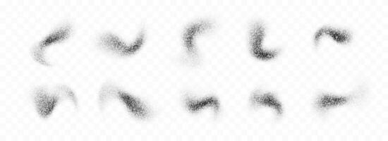 negro polvo salpicaduras colocar. grunge grano rociar textura recopilación. punteado curvo cepillo manchas embalar. arena ruido salpicado cubrir manojo. resumen punteado fluido grano degradado formas vector