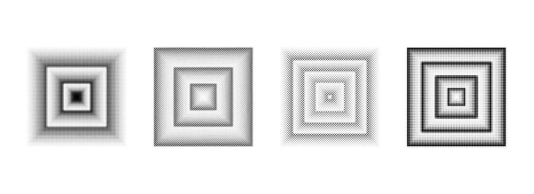 Halftone dotted square set. Black comic texture rectangle collection. Pixelated design elements collection. Abstract geometric bitmap background pack. Dithered overlay bundle