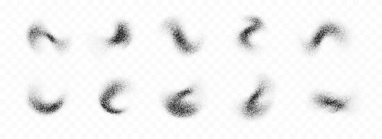 Black powder splashes collection. Grunge grain spray texture set. Dotted curved smudged brush stains pack. Sand noise splattered overlay bundle. Abstract stippled fluid grain gradient shapes. vector