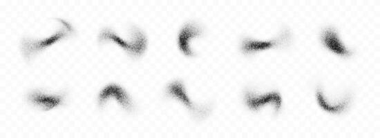 negro polvo salpicaduras recopilación. grunge grano rociar textura colocar. punteado curvo cepillo manchas embalar. arena ruido salpicado cubrir manojo. resumen punteado fluido grano degradado formas vector