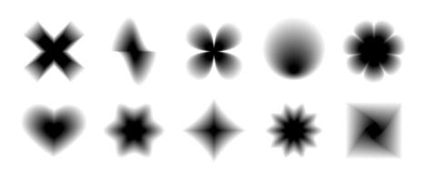 Black smooth blurred gradient form set. Grunge blurry aura shape collection. Fading abstract elements for logo, templates, badges, stickers, collages. Flowers, stars and hearts pack vector