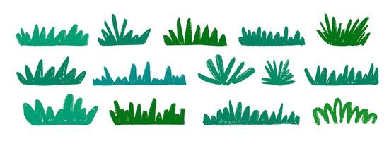 Hand drawn bushes and grass collection. Green crayon shrubbery set. Doodled shrub shapes bundle. Pencil sketched foliage elements. Scribbled cartoon green plants pack. vector