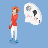 3D Isometric Flat Illustration of Memory Issues, A Person Unsure If Electrical Device Is Turned On Or Off vector