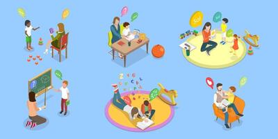 3D Isometric Flat Set of Parents Learning with their Kids, Engaging In Educational Activities Together vector