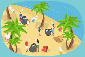 3D Isometric Flat Illustration of Environmental Water Pollution, Volunteers Cleaning Sea Shore from Plastic and Other Trash vector