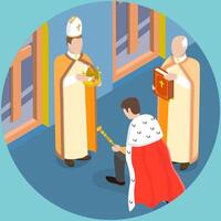 3D Isometric Flat Illustration of Coronation Ceremony, Royal Character Kneeling At Ceremony, Crowned By Bishop vector