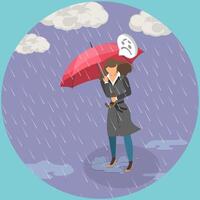 3D Isometric Flat Illustration of Cold Bad Weather, Discontent Young Woman Seeking Refuge Under Umbrella During Rainstorm vector