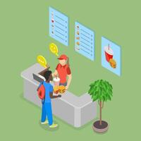 3D Isometric Flat Illustration of Fast Food Cafe, Restaurant Worker with Cash Register vector