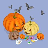 3D Isometric Flat Illustration of Halloween Season, Spooky Pumpkins, Bats, And Festive Treats vector