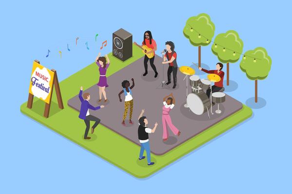 3D Isometric Flat Illustration of Entertainment Event, Singing and Dance Party With Friends