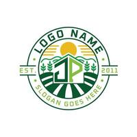 Modern Farmhouse JP Logo Design. Letter JP Agriculture Logo with Sun, Field, and Nature Elements vector